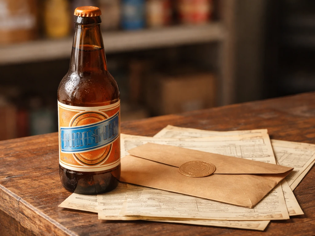 Vintage beer bottle and aged shipping papers on a wooden table, softly lit and minimal.