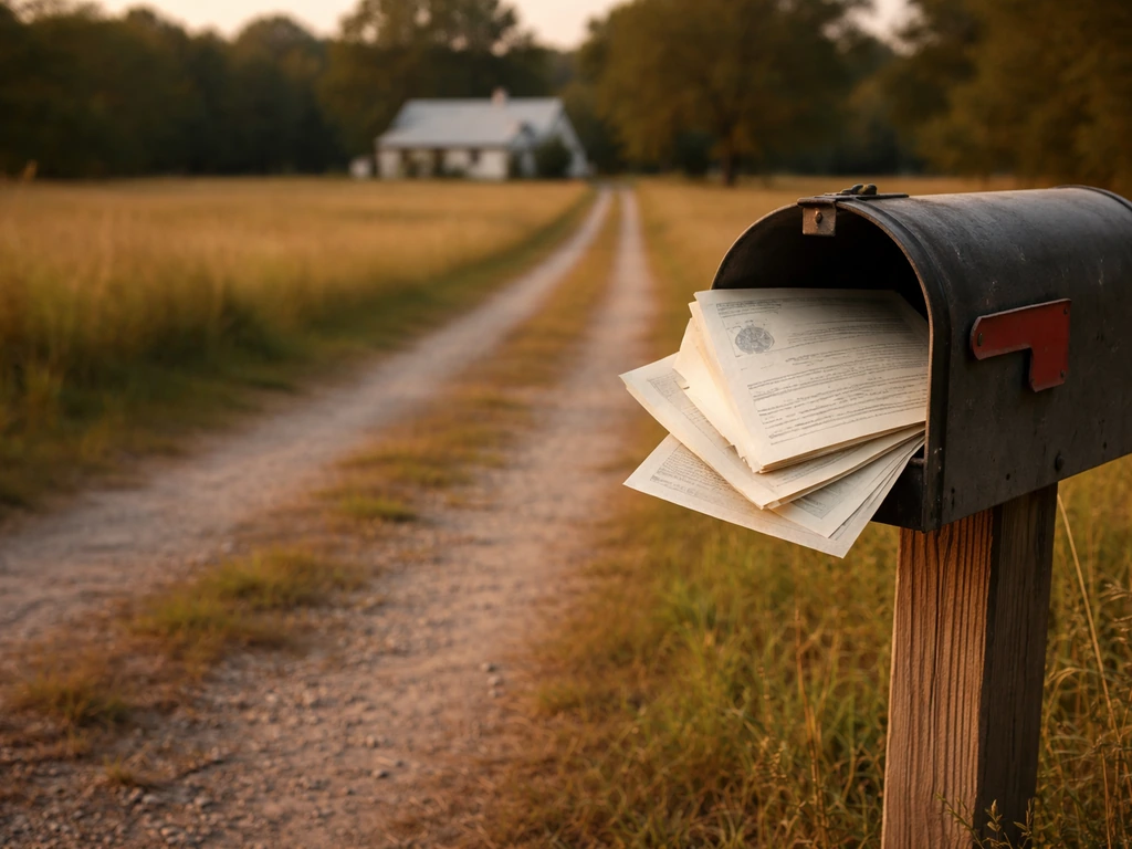 Rural Georgia mailbox with blank, weathered tax-lien style papers near a distant farmhouse.