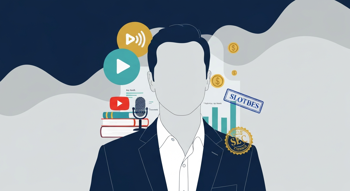 Editorial illustration: fictional silhouette of a media entrepreneur surrounded by streaming, podcast, book, and SEC/trademark icons with an abstract chart indicating a $2M–$6M net worth range.
