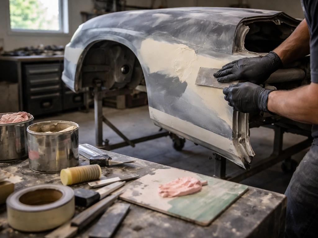 Restoration workshop scene with a car body in-progress and tools and filler materials on a workbench