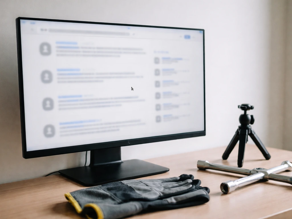 Minimal desk scene with a monitor showing blurred, overlapping search results suggesting alias confusion.