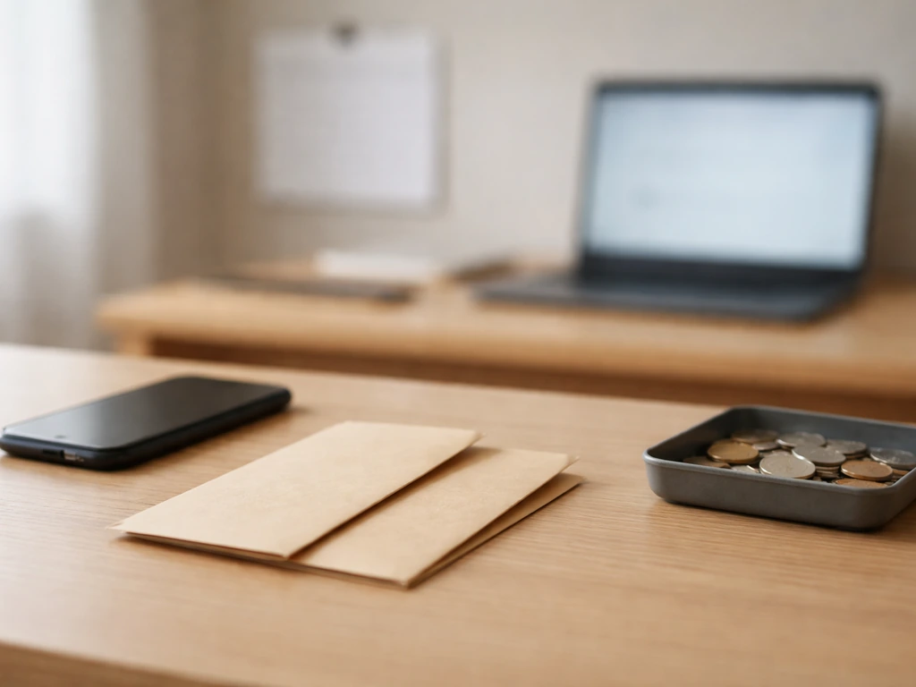 Minimal desk scene with a smartphone and cash envelopes symbolizing combined income streams for a net worth range.