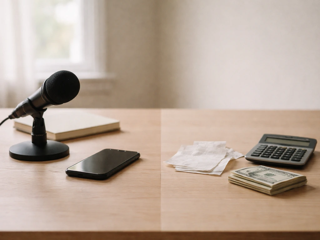 Minimal studio desk with a small microphone, receipts, and a calculator representing income vs monthly costs