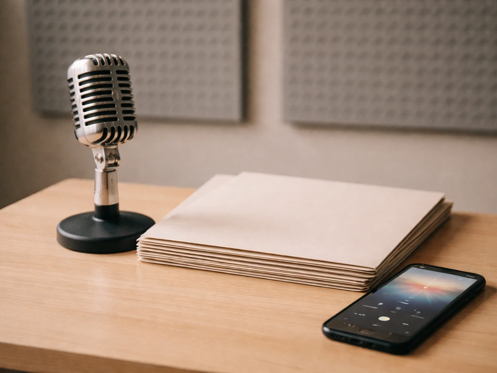Close-up of a studio microphone and blank record sleeves on a desk, symbolizing identity confusion.