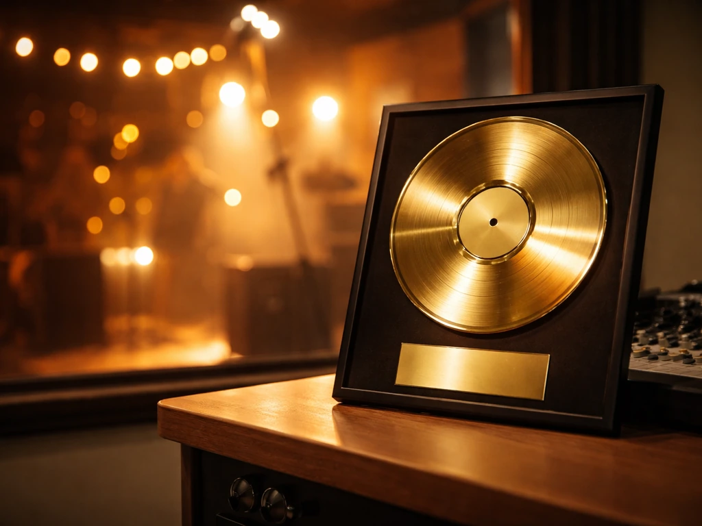 Close-up of a gold/platinum music award on a studio desk with warm stage lights in the background