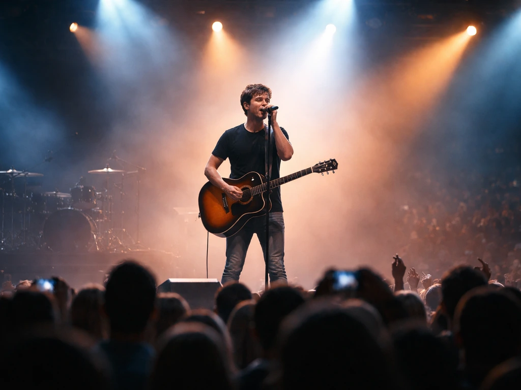 Solo musician performing in a large arena with bright stage lights and a cheering crowd.