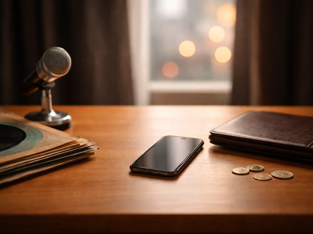 Minimal desk scene with vintage record sleeves and a modern phone, symbolizing music career growth over time.