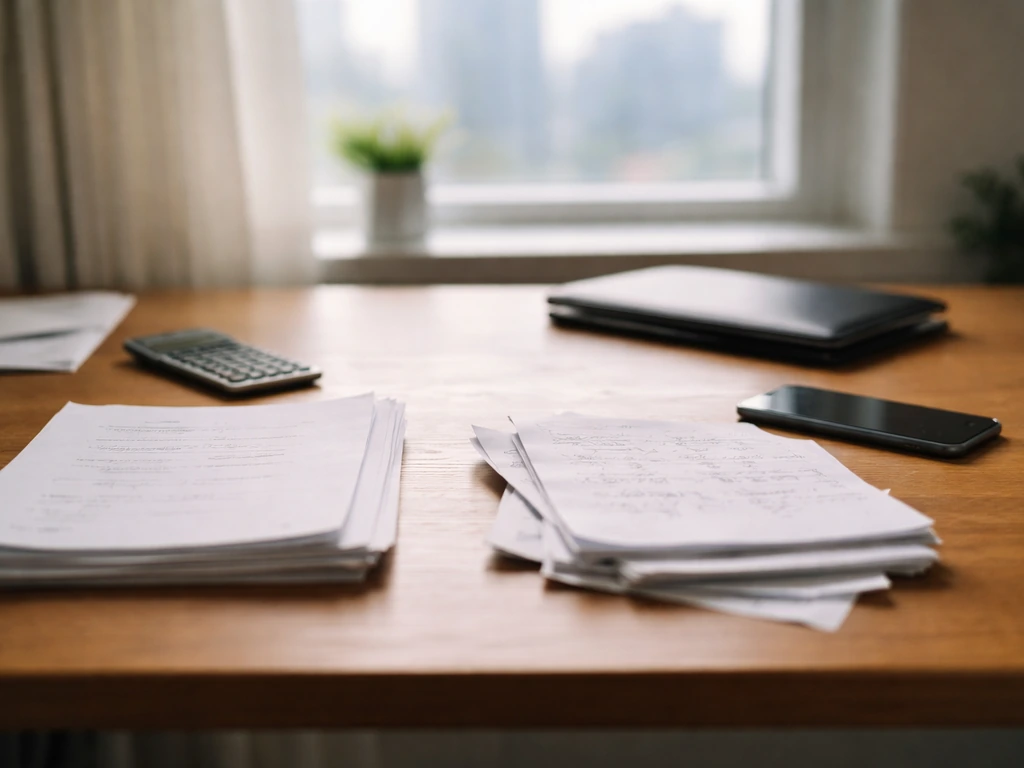 Minimal desk scene with a calculator and scattered documents suggesting uncertain money estimates