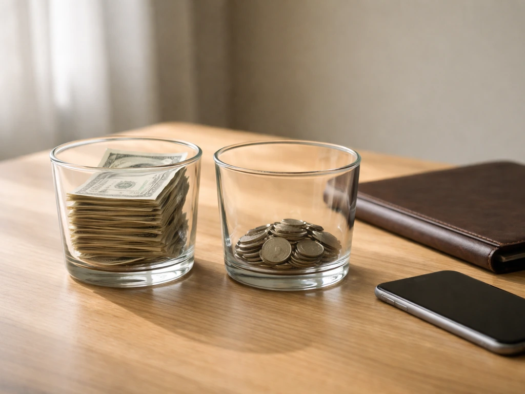 Minimal desk scene with two containers of money and coins suggesting gross vs net calculations.