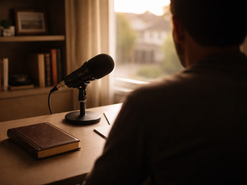 Minimal media-and-finance scene with an anonymous speaker silhouette near a microphone and warm office lighting