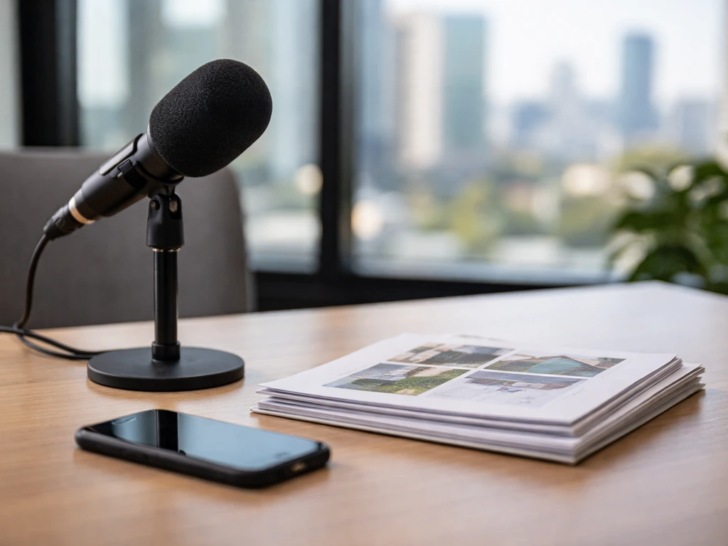 Anonymous studio desk with microphone and finance documents beside a city-view window, symbolizing net-worth analysis.