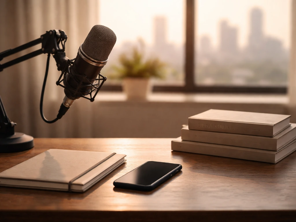 A quiet finance podcast studio desk setup with a microphone and investment-themed props, symbolizing media launch.