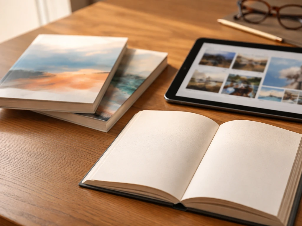 Close-up of a minimalist reading setup with visible book covers and a tablet displaying media thumbnails, no text
