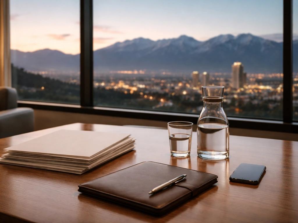 Minimal Utah office desk scene with mountains through a window, suggesting business wealth without showing any person