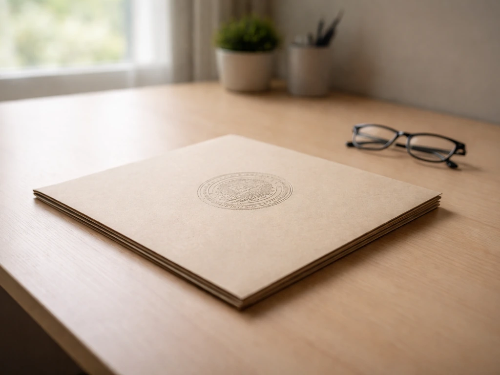 Minimal desk scene with a single document folder and a USPTO-style stamp-like seal, no readable text