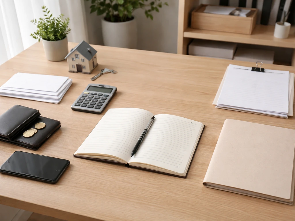 Minimal desk scene with a notebook and objects symbolizing assets and debts, conveying net worth calculation.