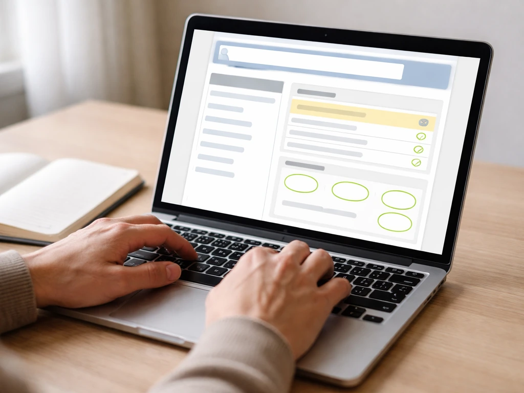 Anonymous hands reviewing a county property record search workflow on a laptop screen.