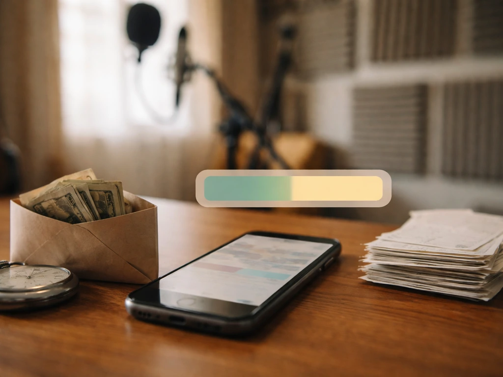 Minimal desk scene with smartphone, receipts, and subtle range cue to symbolize net worth estimates varying.