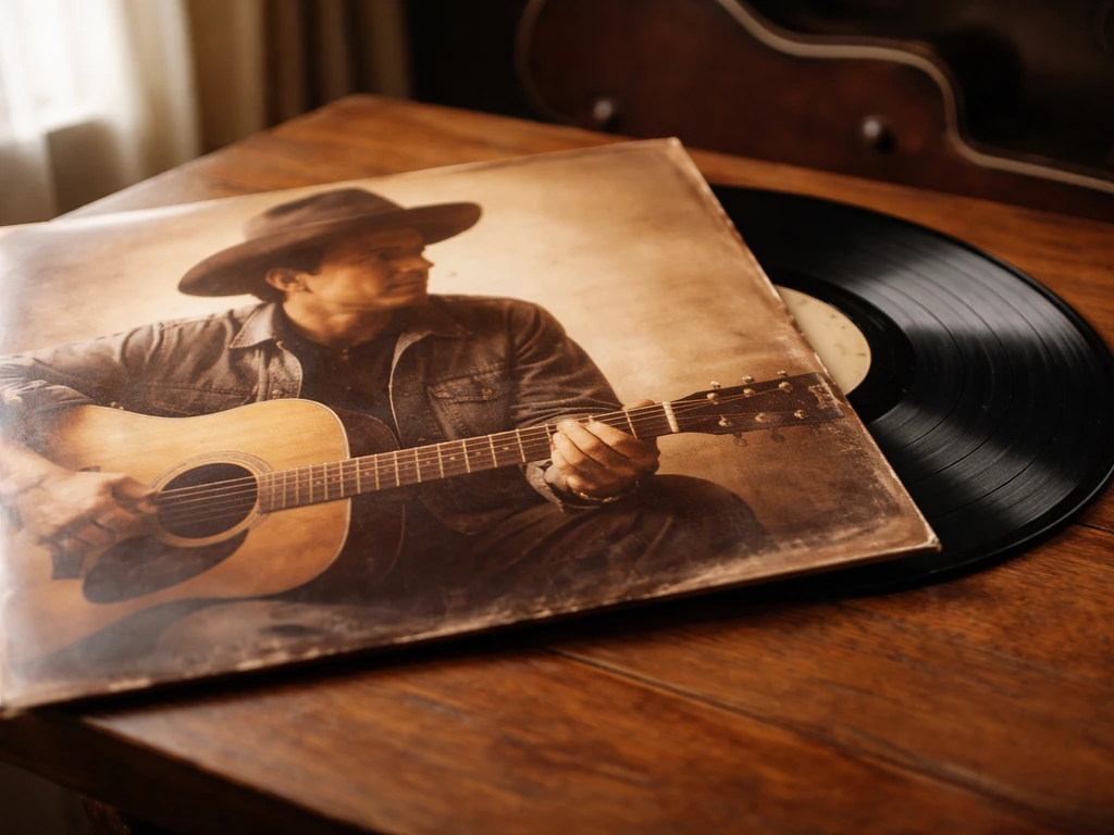 Close-up of a vintage vinyl record and sleeve on a wooden table, evoking a country music catalog