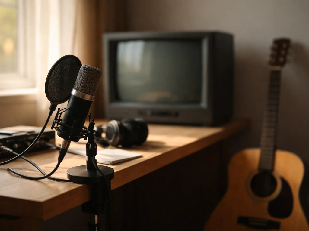 Minimal studio desk scene with a vintage TV and microphone symbolizing TV acting career and media income.
