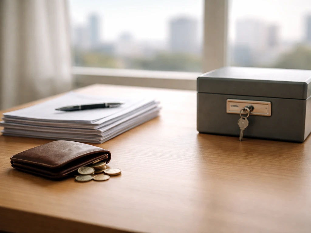 Minimal desk scene with wallet and documents beside a locked metal file box suggesting assets minus liabilities