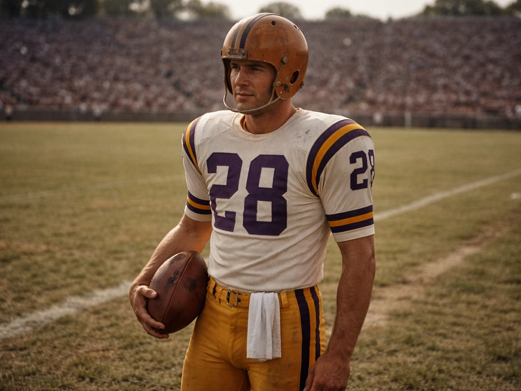 Vintage 1960s college football player in helmet and uniform holding a football on a grassy field.