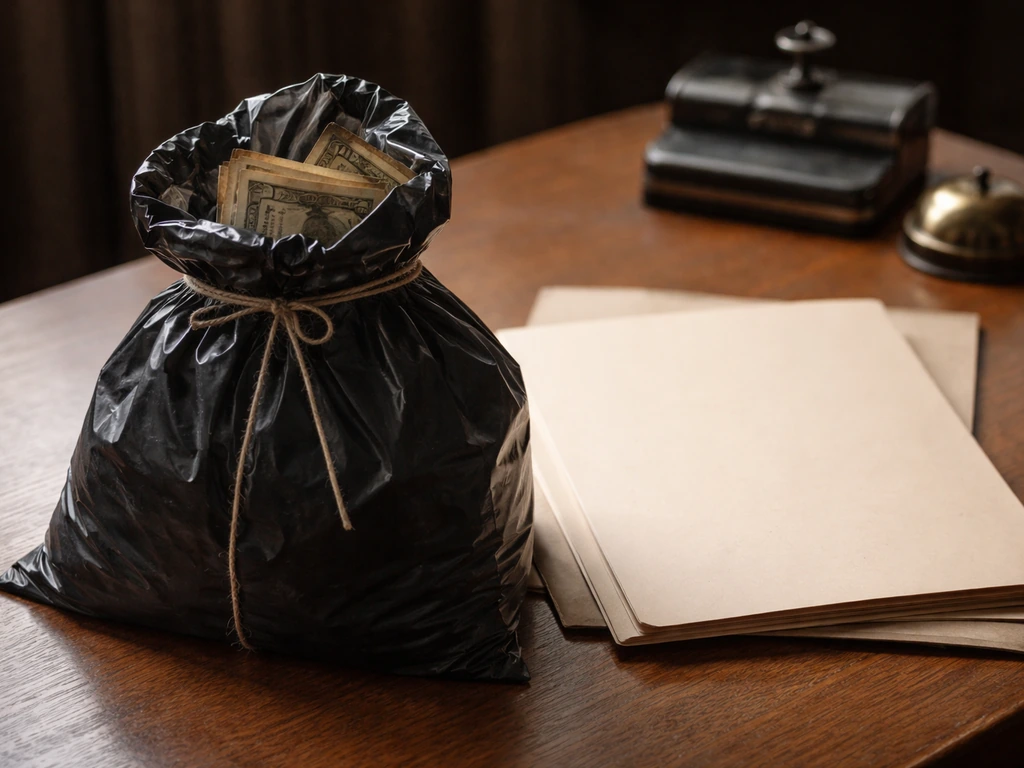 Police evidence scene with sealed money bag and old news-style file folder from the early 1980s