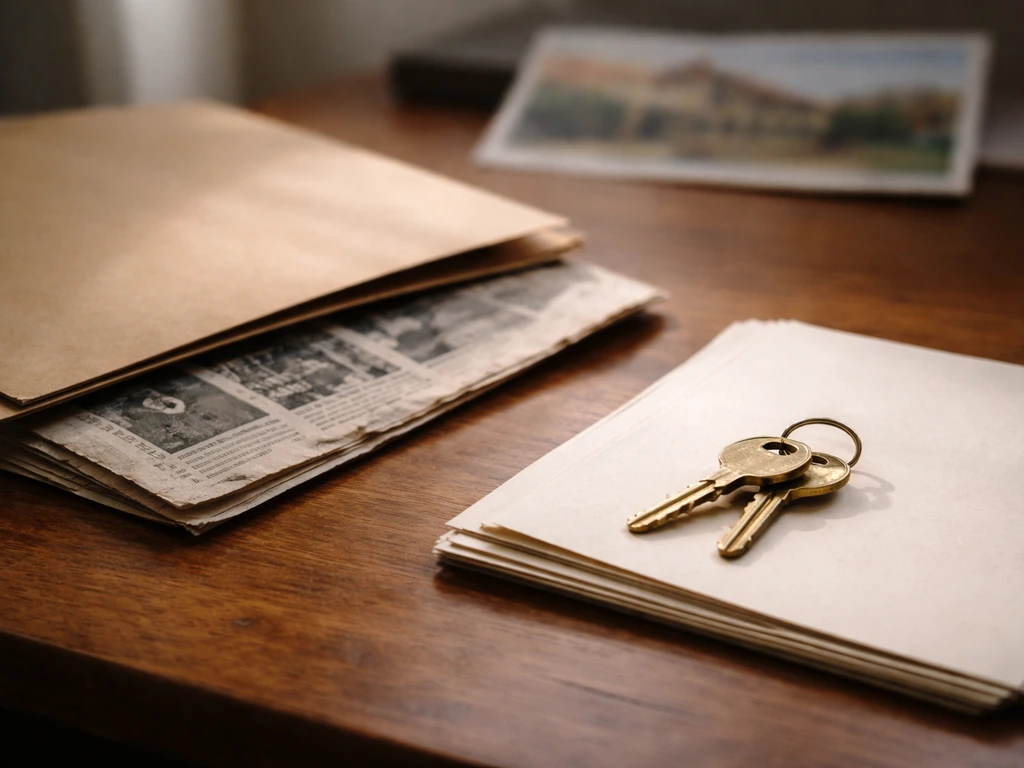 Vintage newspaper clipping beside a folder with real-estate keys, suggesting verified assets and uncertain liabilities.