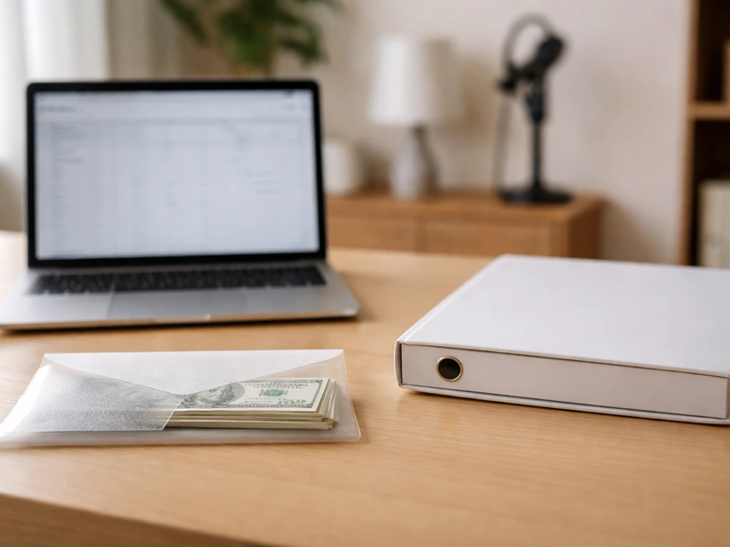 Desk with laptop, cash, and blank documents symbolizing assets minus liabilities for net worth calculation.