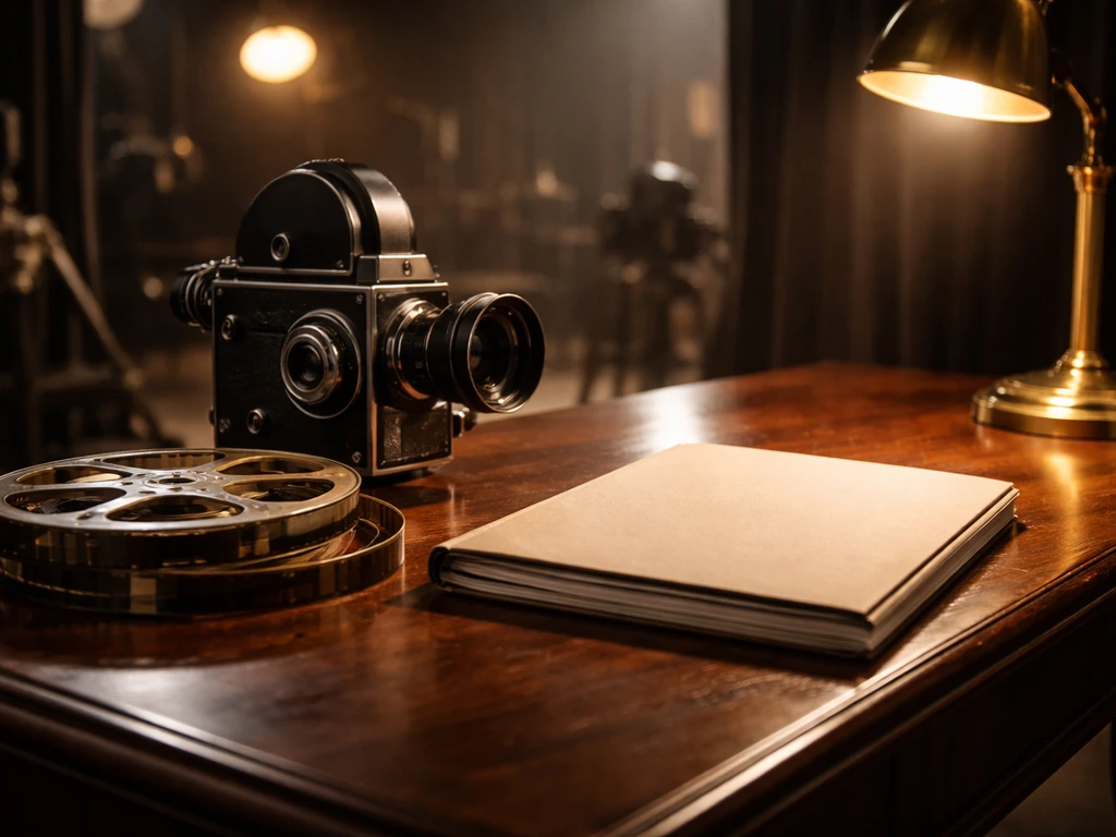 Vintage Hollywood film studio desk with classic camera and a closed script folder symbolizing actor net worth