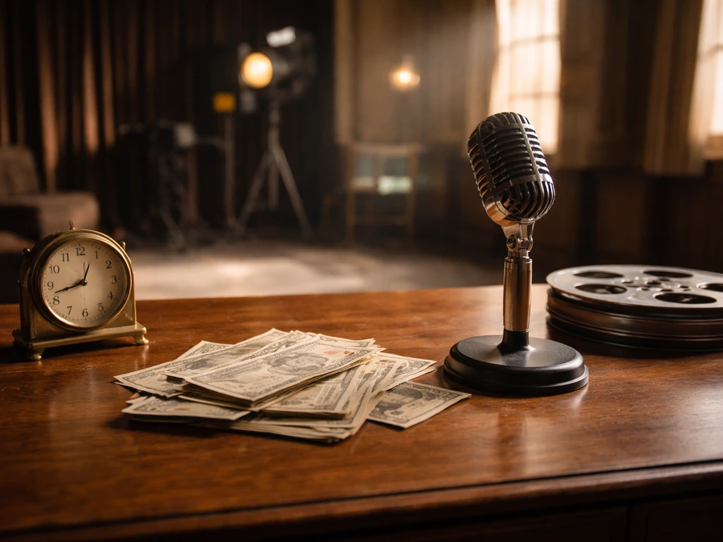 Minimal shot of a vintage film studio desk with a brass desk clock and scattered cash-like props