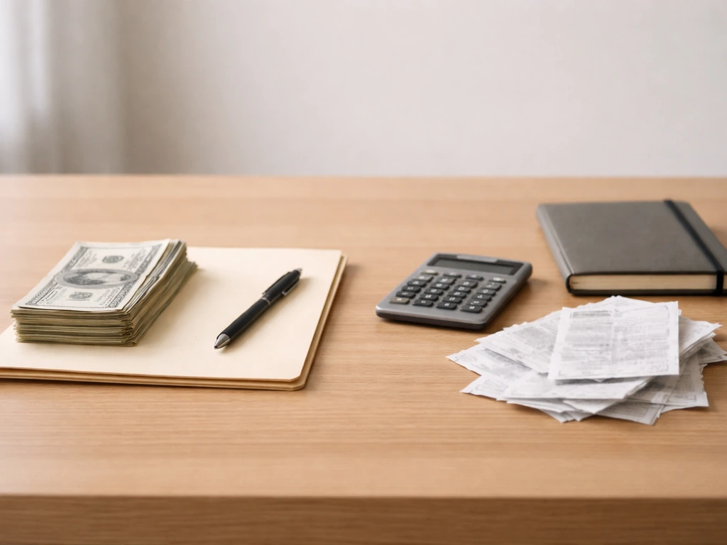 Minimal desk scene showing two different stacks of money and receipts to symbolize gross vs net calculations.