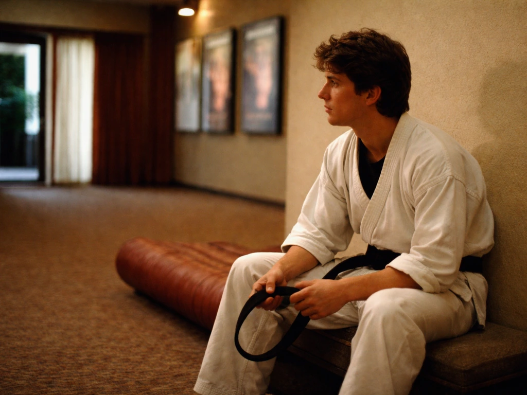 1980s matinee theater lobby scene with an anonymous martial-arts actor beside a rolled red carpet.