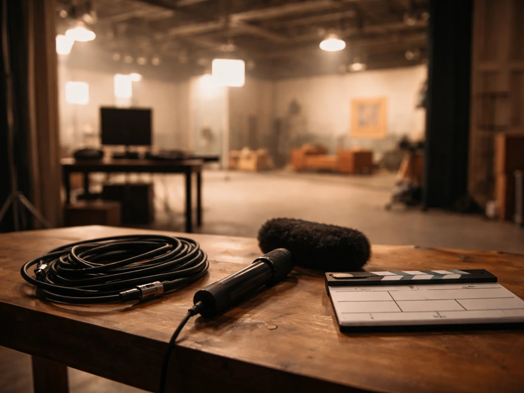 Cobra Kai–style film set desk with microphone and studio lights in a minimal behind-the-scenes scene.
