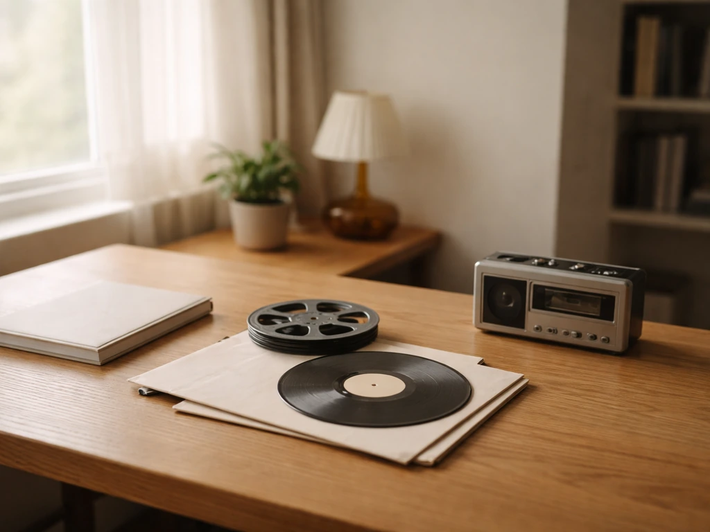 Minimal studio desk with a steaming mug, vinyl record sleeves, and a subtle film reel vibe suggesting royalties