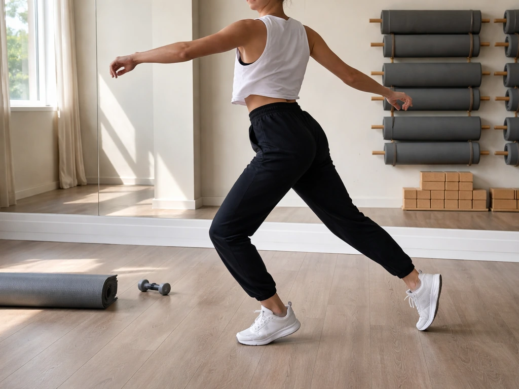 Anonymous dancer in a bright studio with dumbbell and exercise mat, suggesting fitness and media lifestyle.