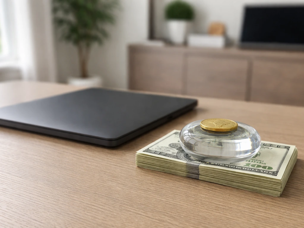 Minimal home office desk with laptop and small money props suggesting a midpoint net worth estimate.