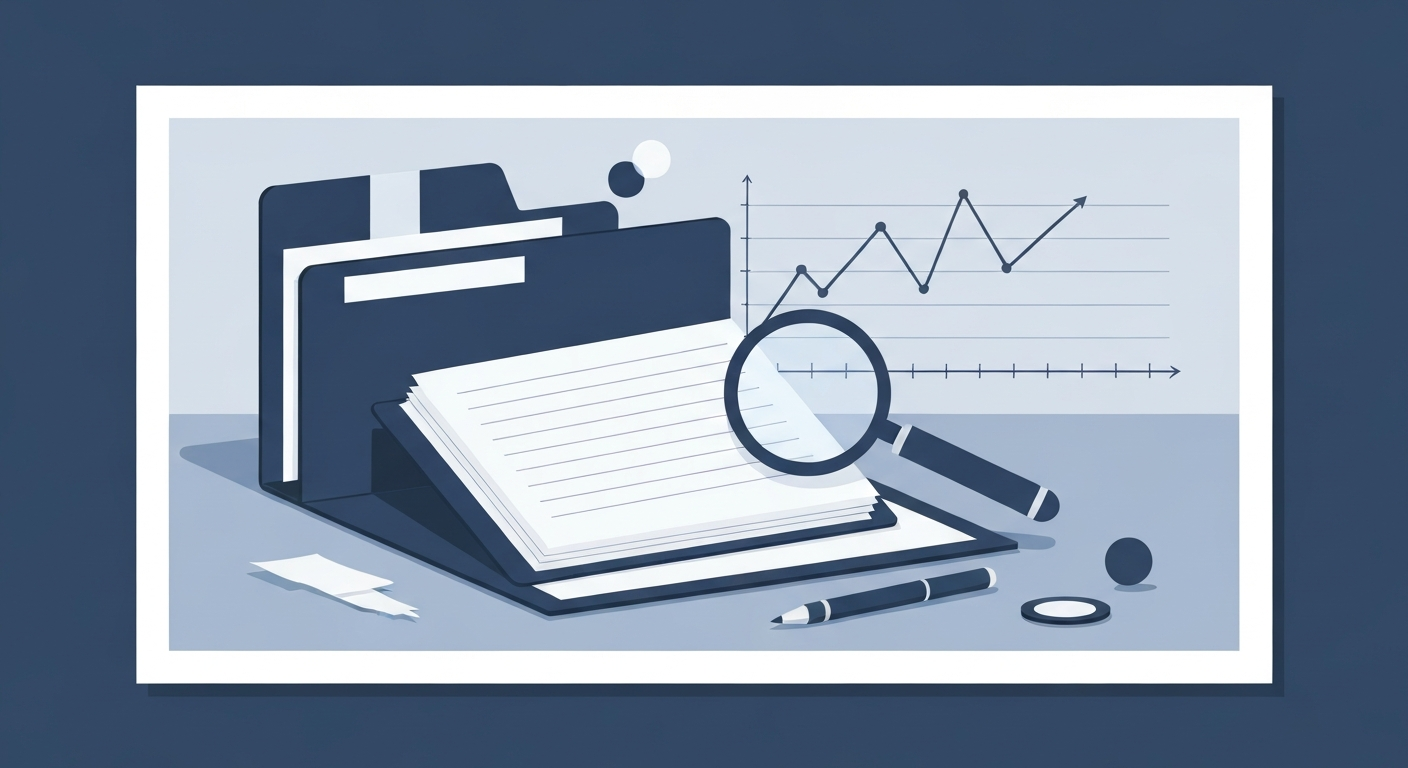 Illustration of a magnifying glass over a blank ledger with a faint flatline graph in the background, symbolizing no public financial data found.