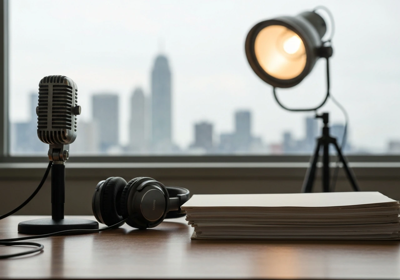 Anonymous media studio desk with microphone and folders, symbolizing a career shift from sports to broadcasting.