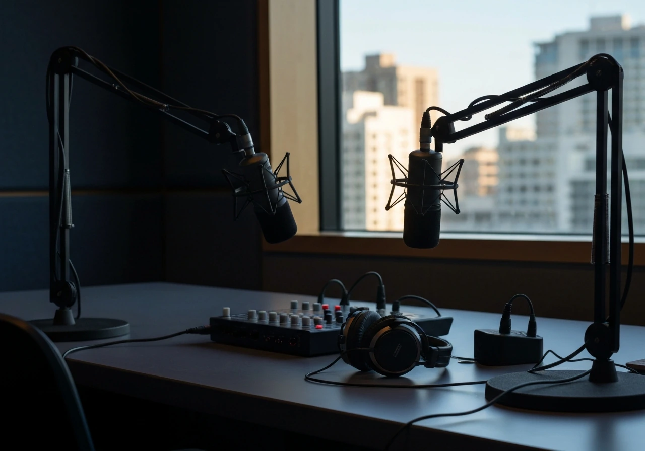 Empty sports radio studio desk with microphones and headphones, suggesting a post-NFL radio media career.