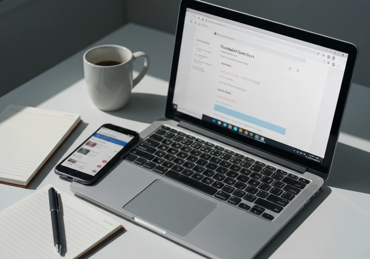 Desk with laptop and phone showing blurred stats and news pages for self cross-checking.