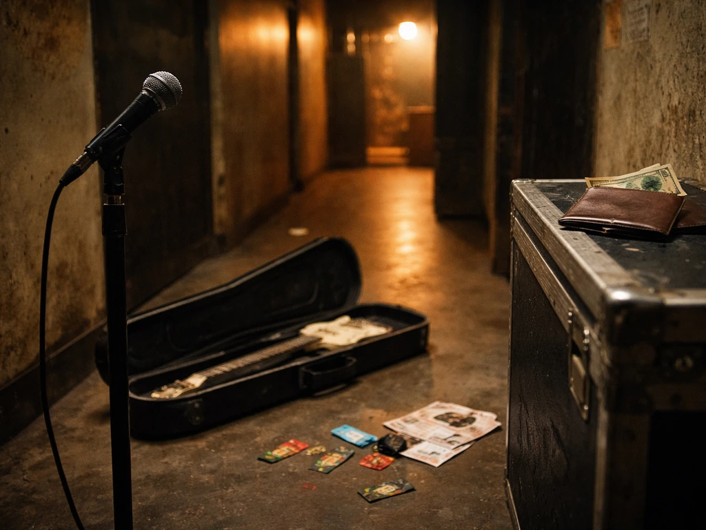 Vintage backstage scene with a microphone and wallet suggesting early touring-era music career income.