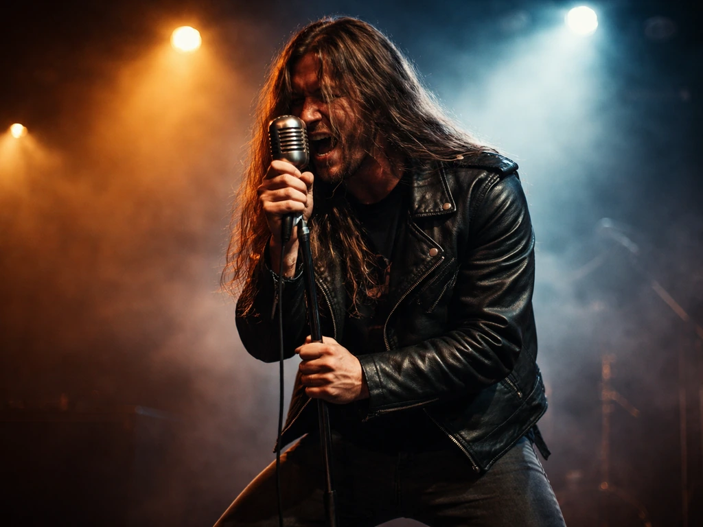 Anonymous thrash metal vocalist singing at a vintage concert stage with moody 1990s lighting.