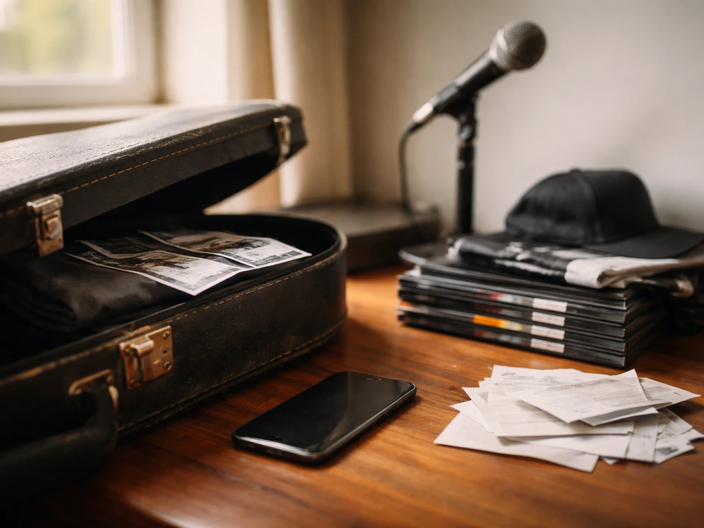 Touring musician’s income cues: guitar case with merch, studio mic, and receipts on a desk by a window
