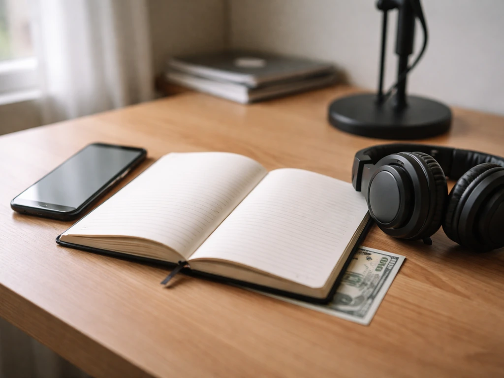 Minimal desk scene with a notebook, smartphone, and headphones, symbolizing verifiable media and finance research.