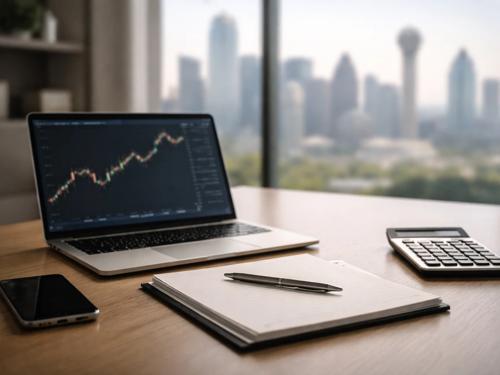 Minimal finance office desk with laptop and market blur, symbolizing net-worth research in Dallas