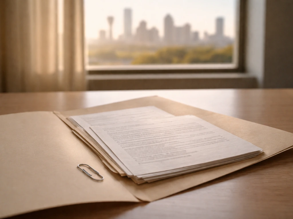 Open manila folder with blurred public-record pages on a desk, hinting Dallas-area stockbroker identity check.