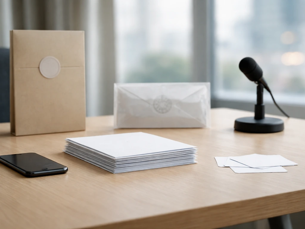 Minimal office desk with documents, smartphone, and scattered business cards symbolizing triangulated sources for net wo