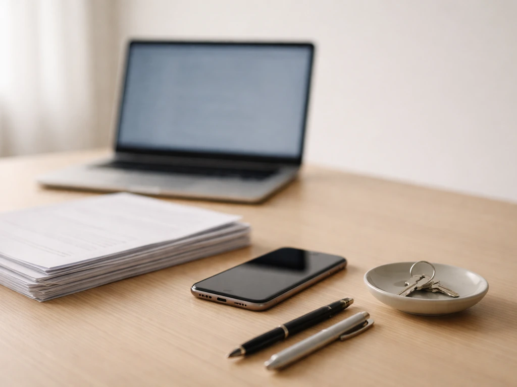 Minimal photo of a tidy desk with a laptop, paperwork, and a key—symbolizing documented finances and assets.